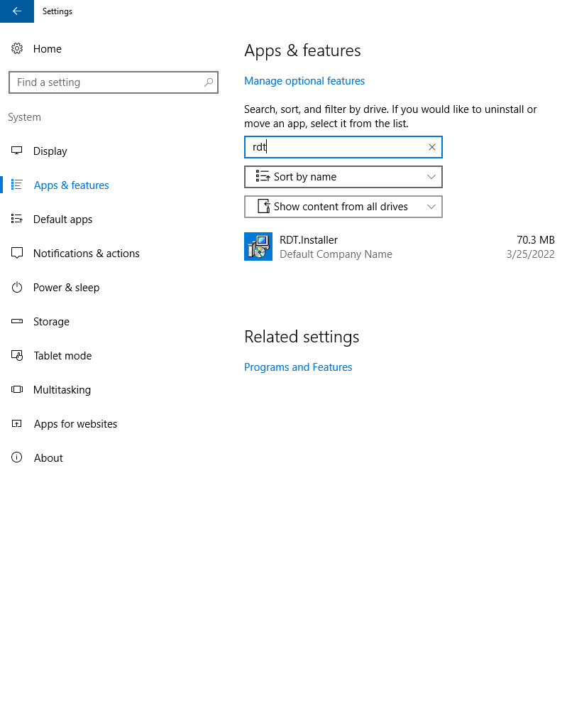 Figure 5: Search for "RDT" in "Apps & features" to uninstall RDT.