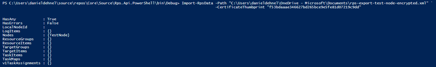 Figure 16: Import an encrypted data file with installed certificate thumbprint.