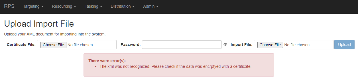 Figure 10: "The xml was not recognized" error message.