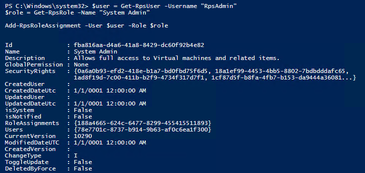 Figure 12: PowerShell running as Administrator with the above `Add-RpsRoleAssignment` code snippet entered.