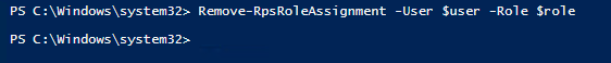 Figure 13: PowerShell running as Administrator with the above `Remove-RpsRoleAssignment` code snippet entered.