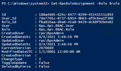 Figure 15: Using the `Get-RpsRoleAssignment` cmdlet to view role assignment by specified Role parameter.