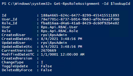 Figure 16: Using the `Get-RpsRoleAssignment` cmdlet to view role assignment by specified (Role) Id parameter.