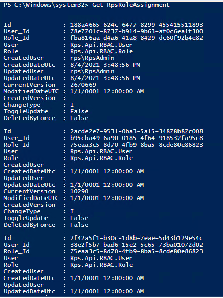 Figure 17: Using the `Get-RpsRoleAssignment` cmdlet to view all role assignments.