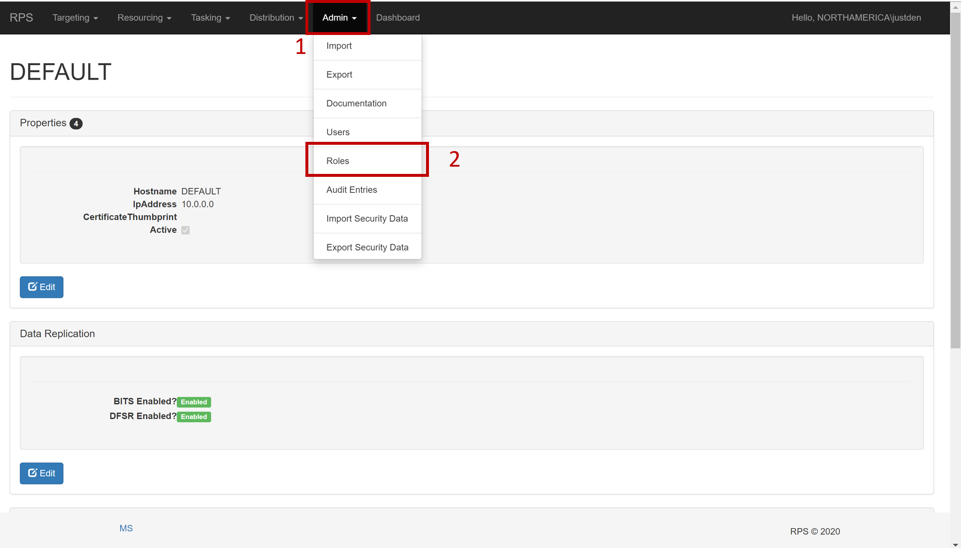 Figure 1: Select **Admin** and then **Roles** in the dropdown.