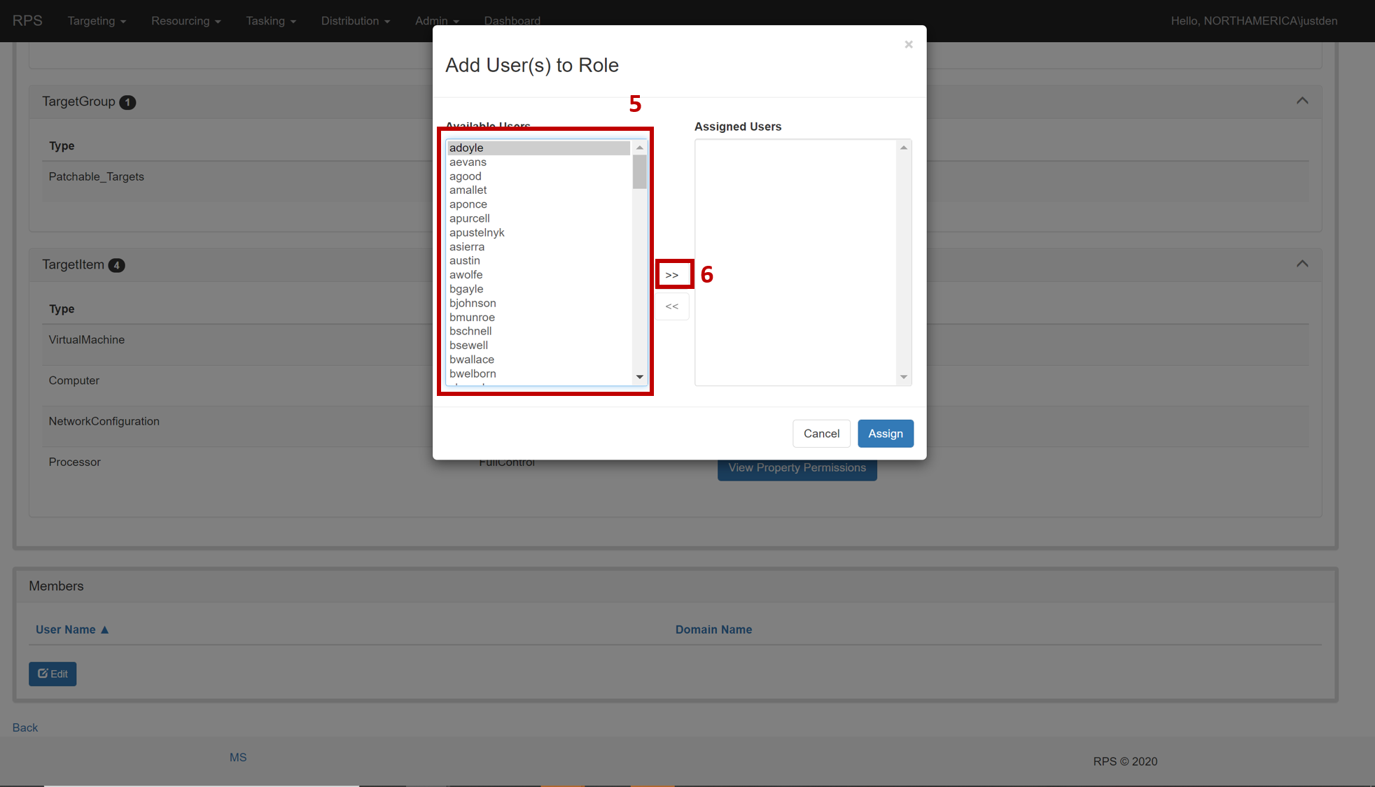 Figure 4: Select the **[User]** from the 'Available Users' section to add to the role and click the **double right arrow >>**.