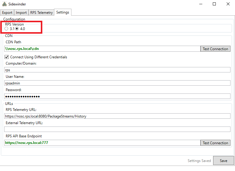 Figure 1: Settings - RPS Version Selection