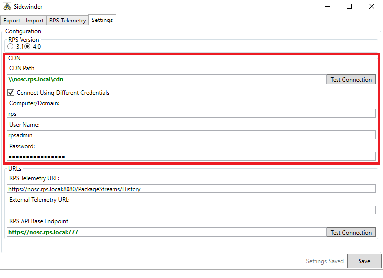 Figure 2: Settings - CDN/Credential Section 