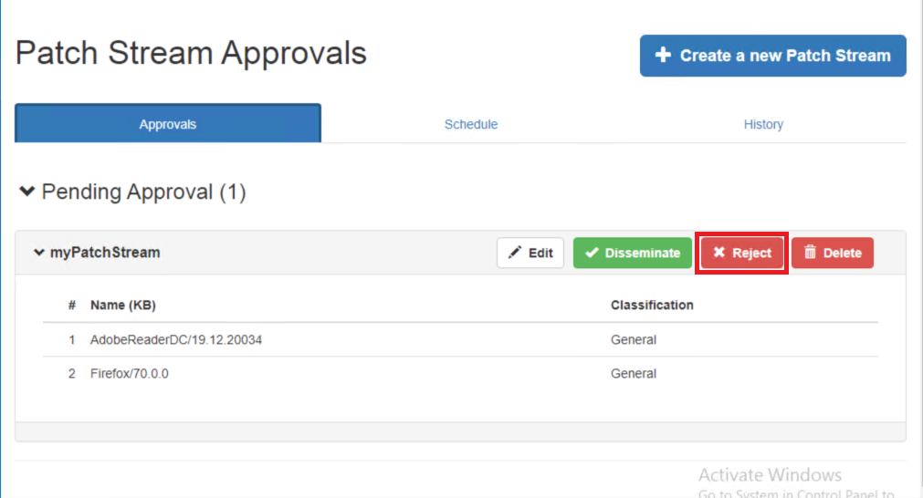 Figure 5: On "Approvals" tab, reject the patch stream