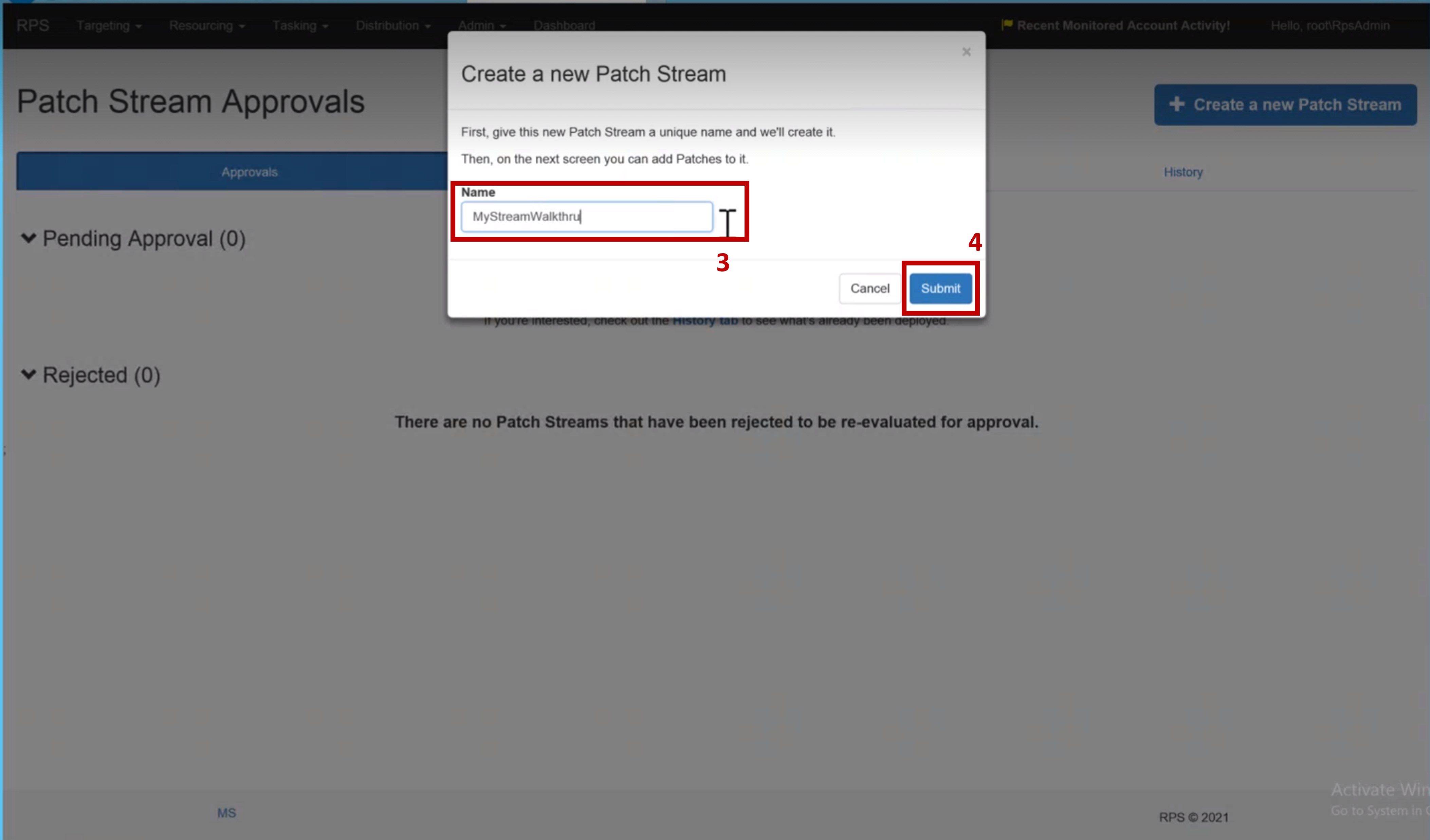 Figure 2: Create a new patch stream Name input