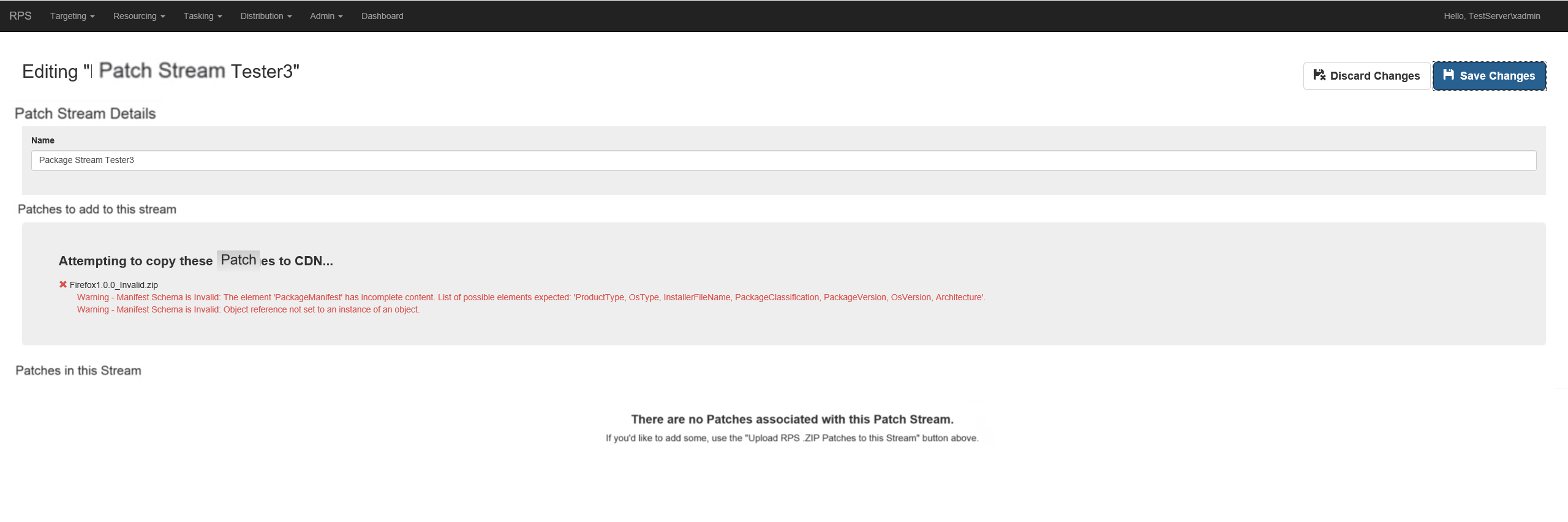 Figure 7: Uploaded patch showing validation exceptions